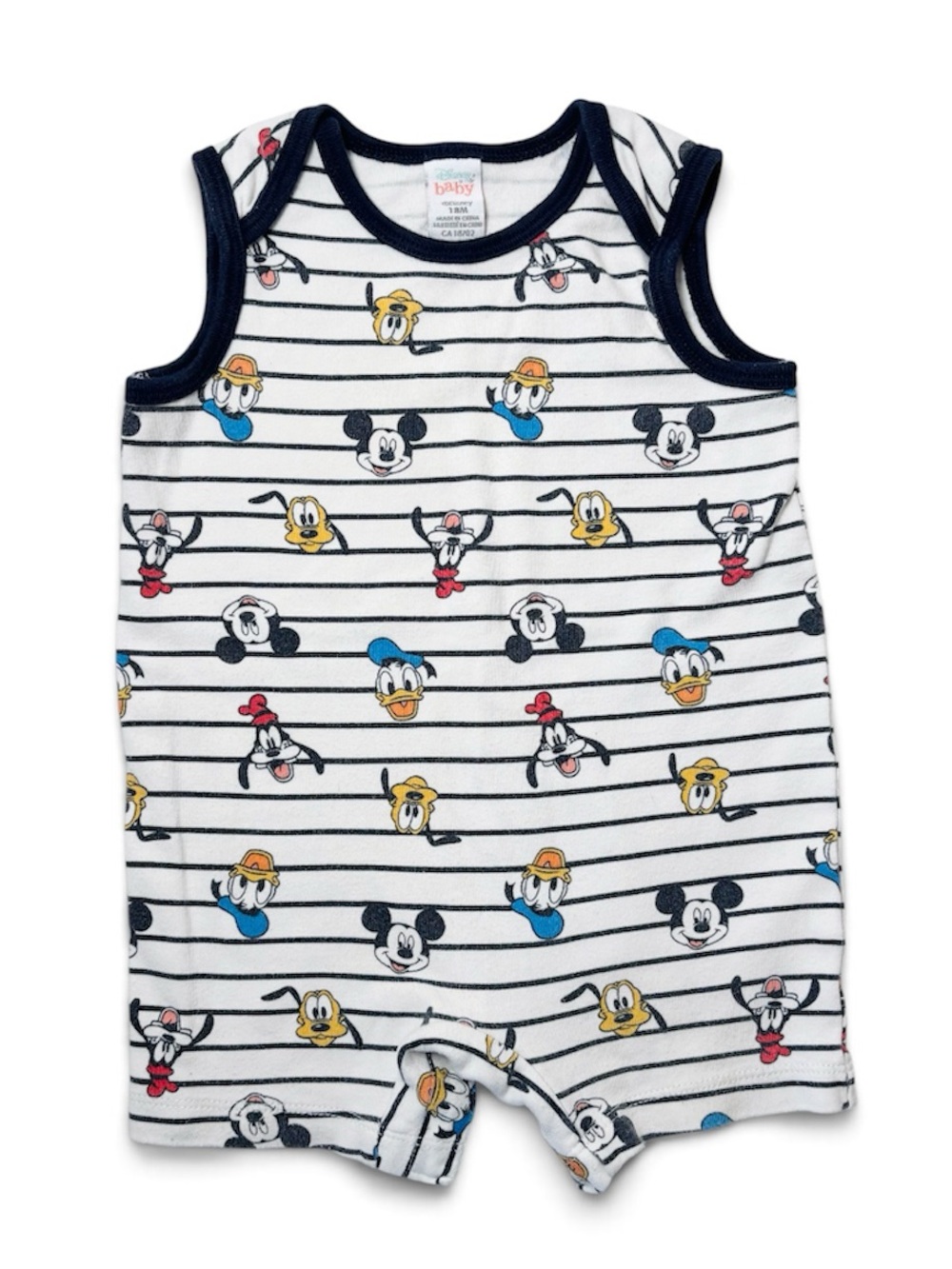 Official Disney Baby Mickey Mouse Donald Pluto Stripe Tank Romper 18M AOP